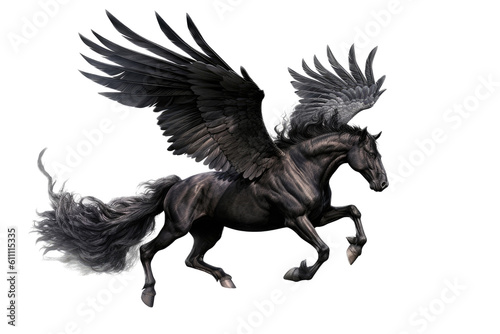 a majestic Pegasus, Black horse with wings, flying, fantasy, Mythology-themed, photorealistic illustrations in a PNG, cutout, and isolated. Generative AI © Purple Penguin GFX