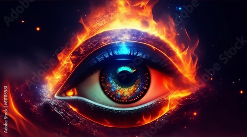 Illustration of a mystical eye on fire