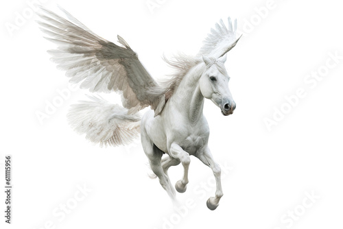 a majestic Pegasus  winged horse  flying  Mythology-themed  photorealistic illustrations in a PNG  cutout  and isolated. Generative AI