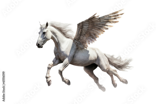 a majestic Pegasus  winged horse  flying  Mythology-themed  photorealistic illustrations in a PNG  cutout  and isolated. Generative AI