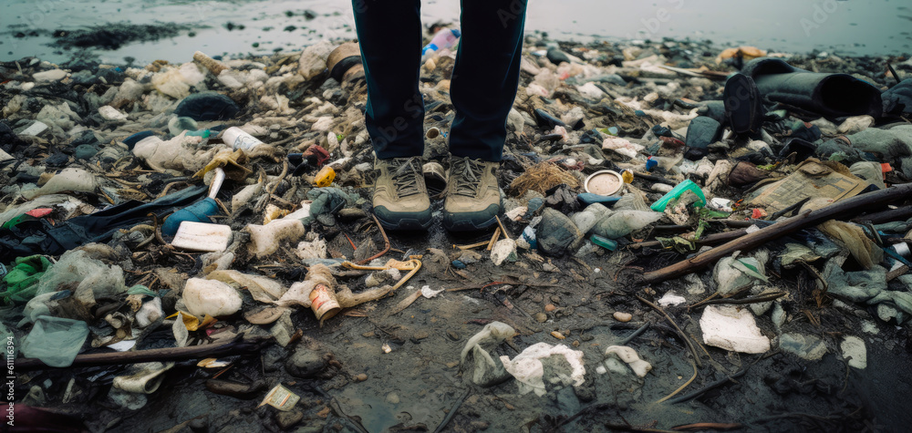 Obraz premium Stunning image capturing feet beside a pile of trash in natural surroundings, evoking emotions about human negligence and the negative impact of tourism on the environment. Generative AI