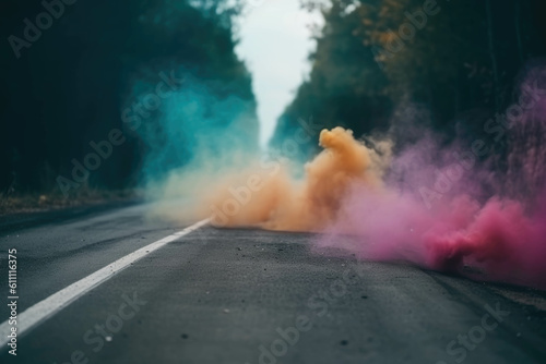 Abstract colorful smoke background on a road. Generative AI