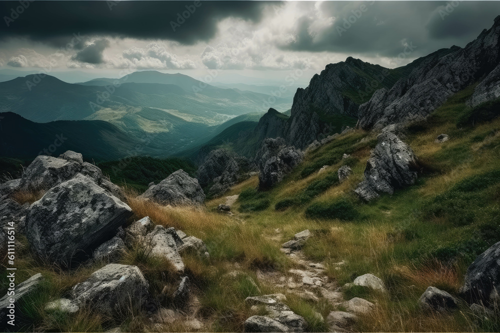Fototapeta premium landscape with mountains, clouds and rocks. Generative AI
