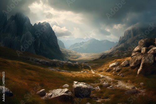 landscape with mountains, clouds and rocks. Generative AI