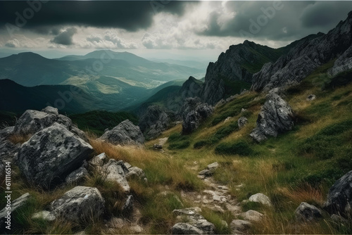 landscape with mountains, clouds and rocks. Generative AI