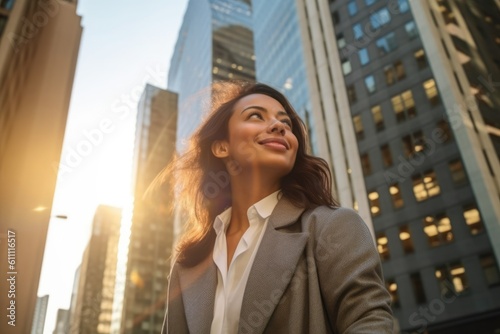 Happy wealthy rich successful hispanic businesswoman standing in big city modern skyscrapers street on sunset thinking of successful vision, dreaming of new investment opportunities. Generative AI