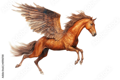 a majestic Pegasus  winged horse  flying  Mythology-themed  photorealistic illustrations in a PNG  cutout  and isolated. Generative AI