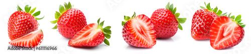 Set of pairs of whole strawberry and cut strawberry isolated on a white background.