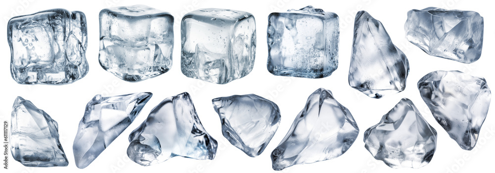 Set of ice cubes and broken pieces of ice isolated on a white background.
