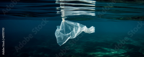Stunning portrayal of a plastic bag discarded by a careless tourist, floating in pristine waters - an emotional reminder of the negative impact on marine life. Generative AI photo