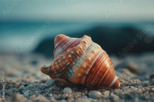 Shell on a tropical beach, selective focus, color toning applied. Generative AI
