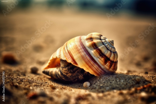 Shell on a tropical beach, selective focus, color toning applied. Generative AI © Kateryna