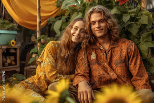 young hippie couple in a wild garden