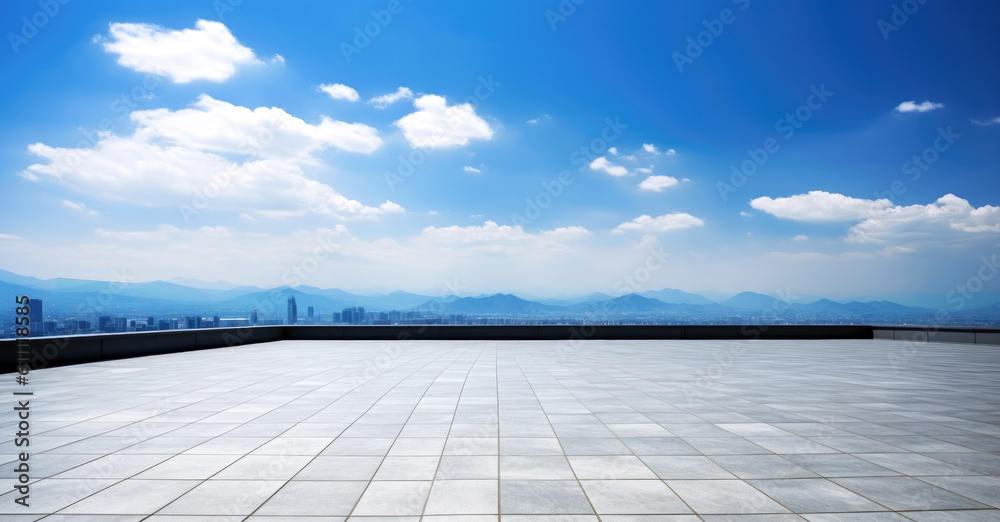 empty floor with cityscape of view in blue cloud sky at rooftop. High quality photo