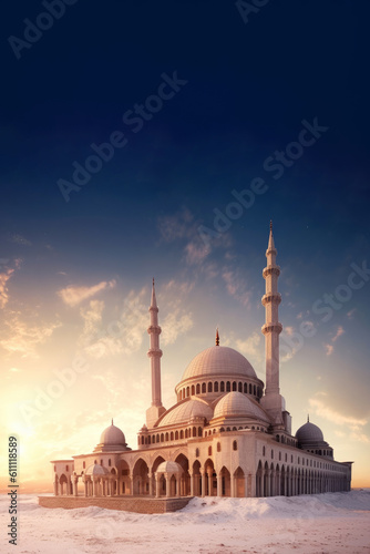 A mosque building with a majestic dome, set against a beautiful sky at sunrise. High quality photo