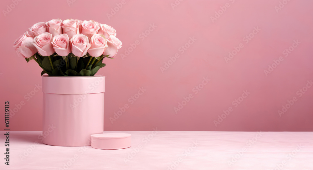 Pink roses in a pink vase and circle podium side on a pink background with copy space. High quality photo Pink roses in a pink vase and circle podium side on a pink background with copy space. High quality photo