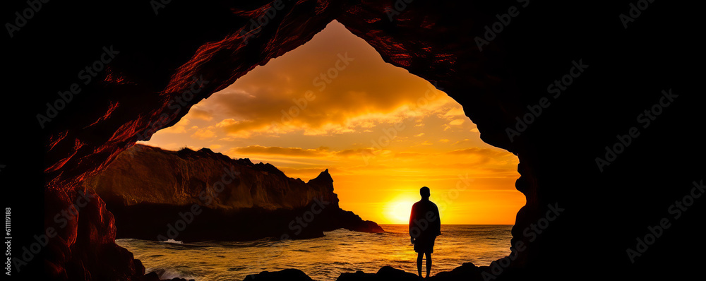 Captivating image of a man's silhouette framed by a natural cave arch, gazing at a stunning red sunset over the ocean - pure emotion and serenity. Generative AI