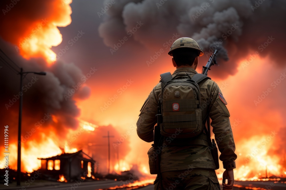 Naklejka premium View from behind. A soldier in camouflage uniform with a rifle against the background of a burning house, back view. The concept of war or the game of airsoft. Generative AI