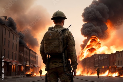 View from behind. A soldier in camouflage uniform with a rifle against the background of a burning house, back view. The concept of war or the game of airsoft. Generative AI