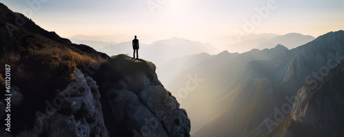 Breathtaking image of a traveler standing at cliff's edge, showcasing the vast horizon and evoking emotions of grandeur and adventure. Perfect for marketing wanderlust. Generative AI