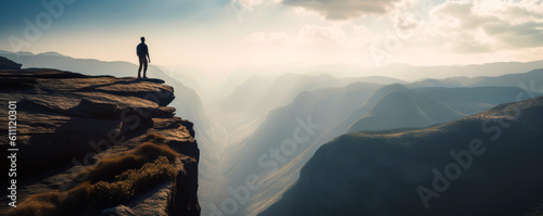 A traveler contemplates a breathtaking horizon. An image captures the larger-than-life feeling of travel. Generative AI