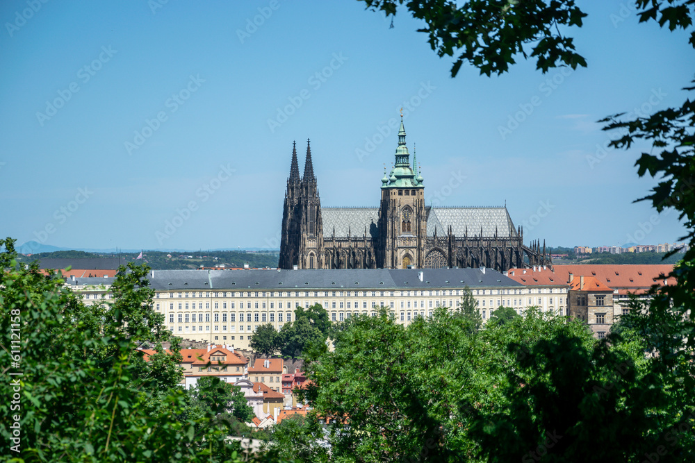 Prague Castle with the Saint's Cathedral welcomes you in the center of the city with trees in the foreground. Prague, Czech Republic.