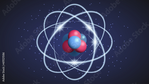 Atom isolated on dark blue background. Structure of an atom with protons neutrons and electrons.