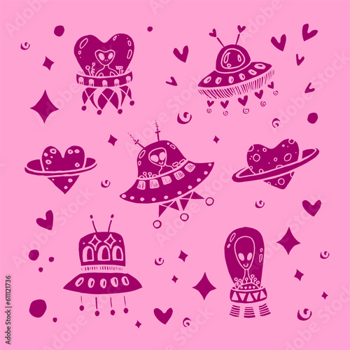 UFO and alien illustration set in doodle style on pink