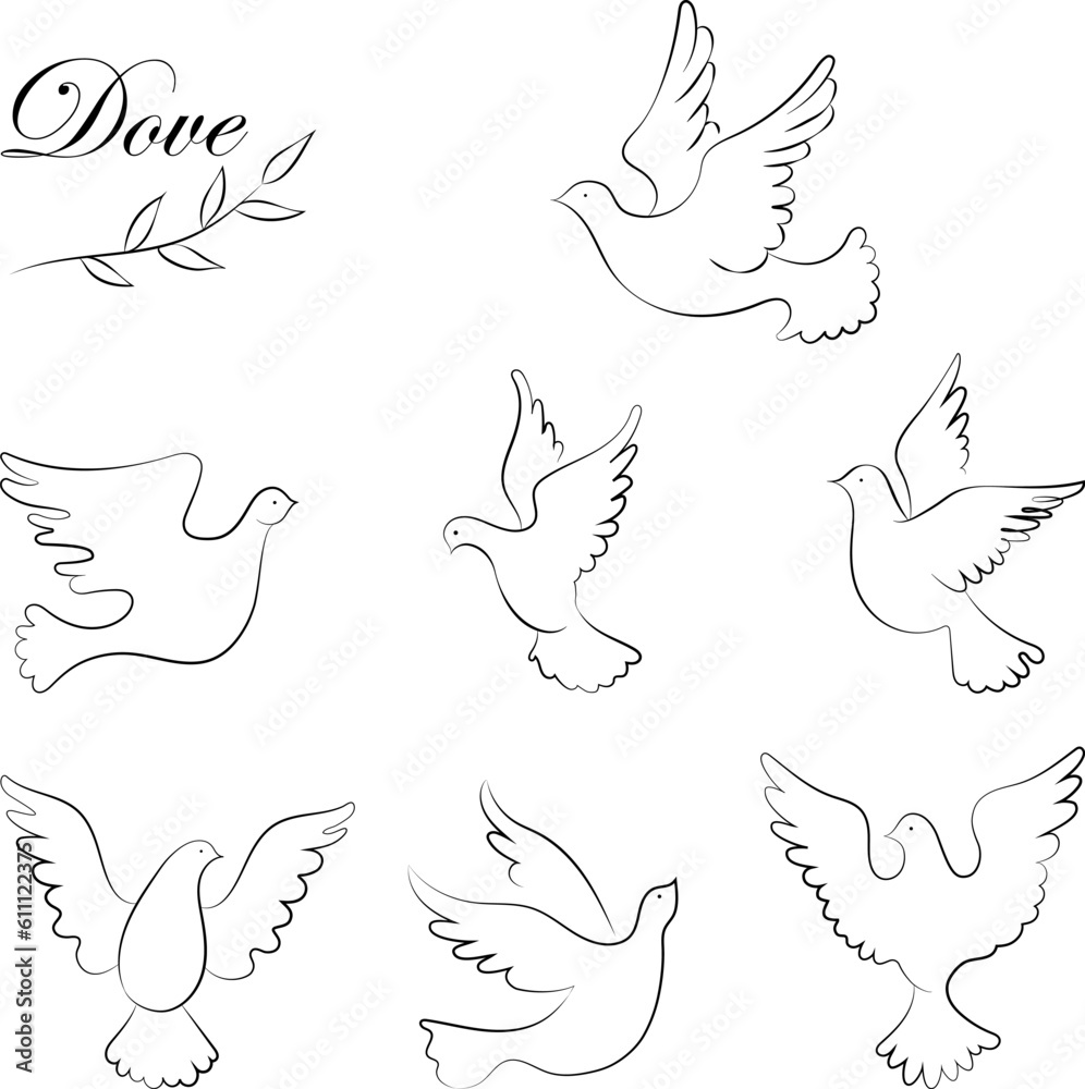 set of abstract flying doves sketch vector illustrations set of abstract flying doves sketch vector illustrations