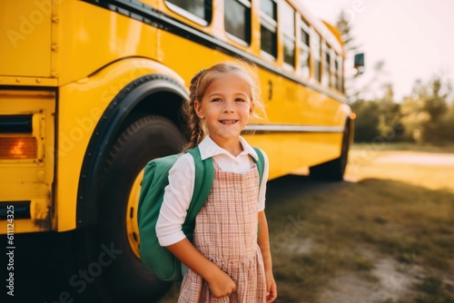Young blonde-haired girl standing next to a school bus, eagerly anticipating her first day of school, symbolizing education and growth, generative ai