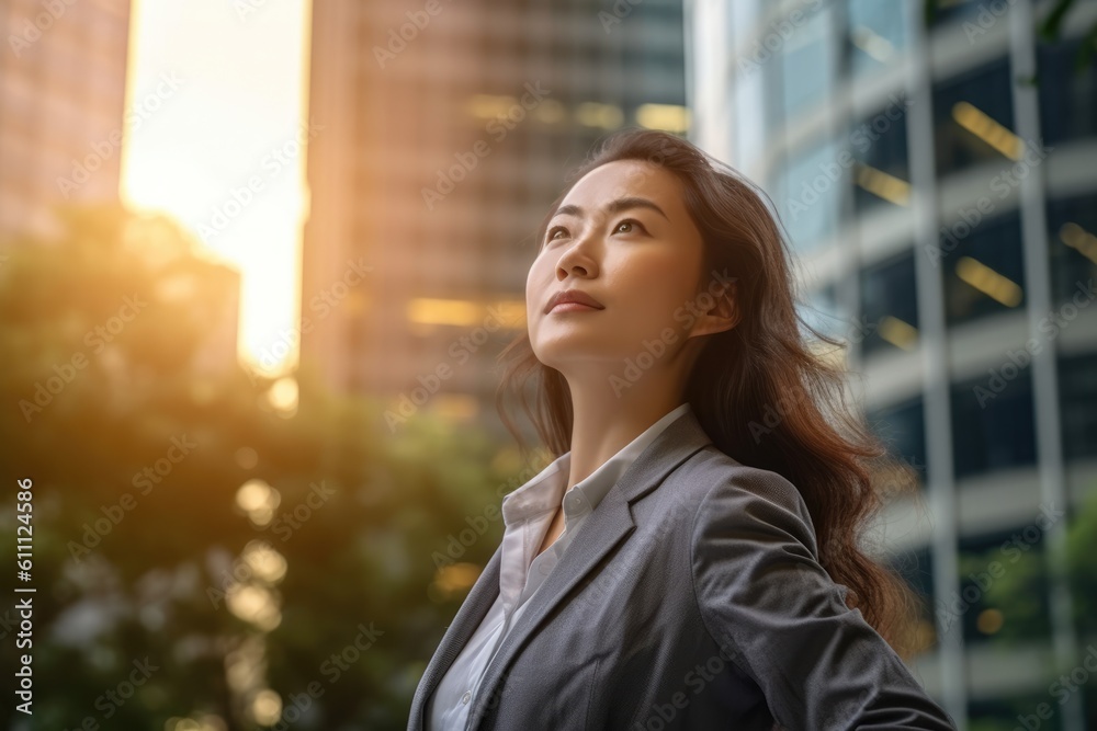 Happy wealthy rich successful asian businesswoman standing in big city modern skyscrapers street on sunset thinking of successful vision, dreaming of new investment opportunities. Generative AI Happy wealthy rich successful asian businesswoman standing in big city modern skyscrapers street on sunset thinking of successful vision, dreaming of new investment opportunities. Generative AI