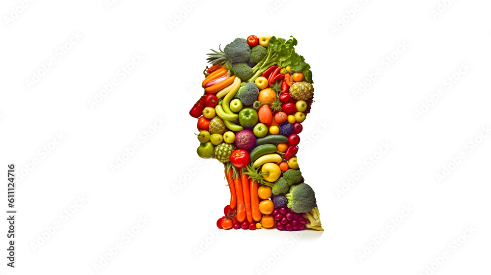 Human based on fruits and vegetables. Healthy, organic and vegetarian food, with the nutrients and vitamins necessary for health and well-being. Nutritionist.