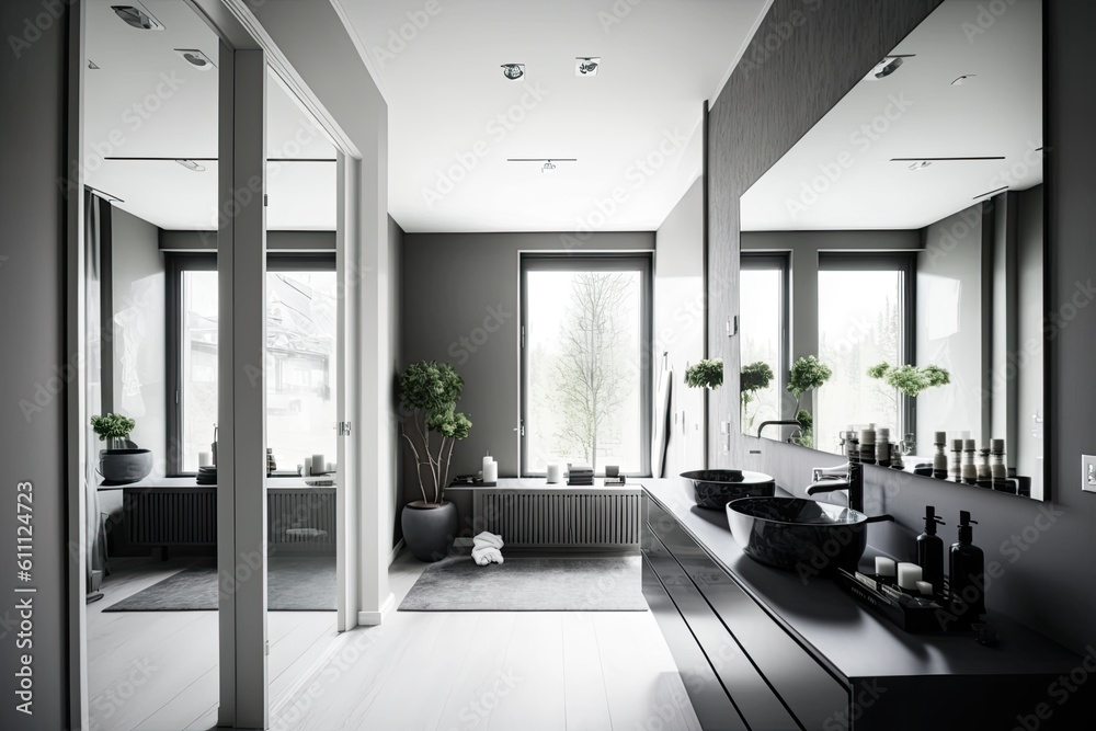 Fototapeta premium modern bathroom with minimalist design in black and white. Generative AI