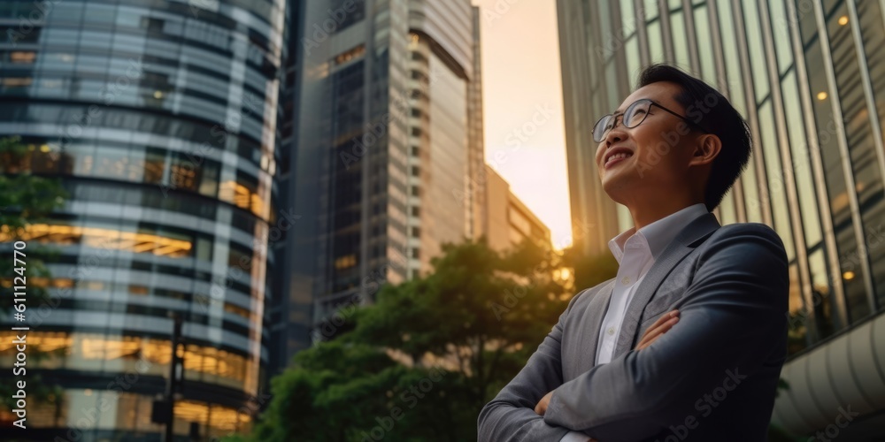 Happy wealthy rich successful asian businesswoman standing in big city modern skyscrapers street on sunset thinking of successful vision, dreaming of new investment opportunities. Generative AI Happy wealthy rich successful asian businesswoman standing in big city modern skyscrapers street on sunset thinking of successful vision, dreaming of new investment opportunities. Generative AI