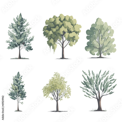 Minimal style tree painting hand drawn. Tree watercolor vector illustration. Set of graphics trees elements drawing for architecture and landscape design. White background