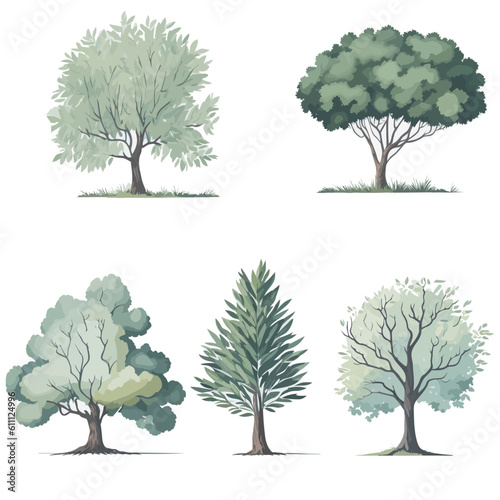 Minimal style tree painting hand drawn. Tree watercolor vector illustration. Set of graphics trees elements drawing for architecture and landscape design. White background