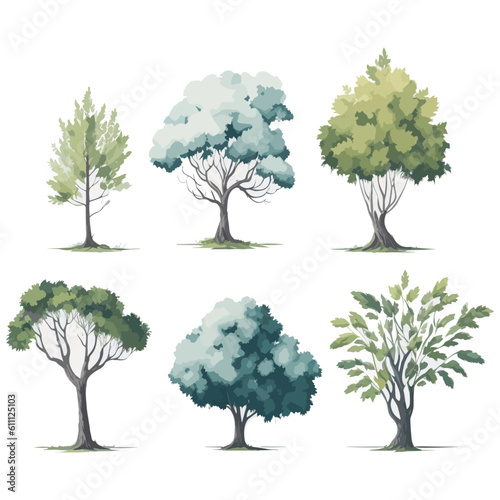 Minimal style tree painting hand drawn. Tree watercolor vector illustration. Set of graphics trees elements drawing for architecture and landscape design. White background