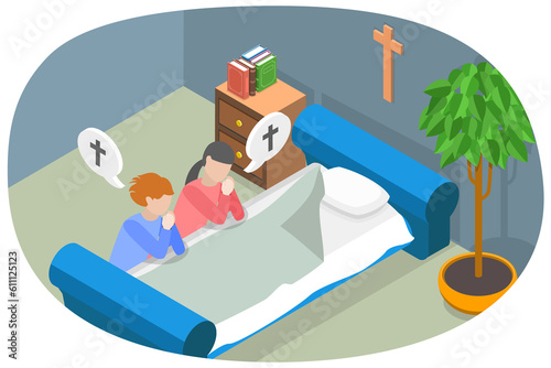3D Isometric Flat Conceptual Illustration of Praying Kids Before Bedtime