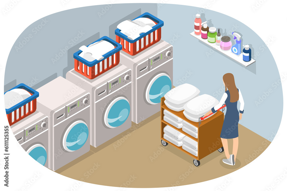 3D Isometric Flat Conceptual Illustration of Hotel Laundry Staff 3D Isometric Flat Conceptual Illustration of Hotel Laundry Staff