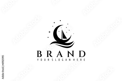 Crescent moon flat logo design with combination of boat sails with waves