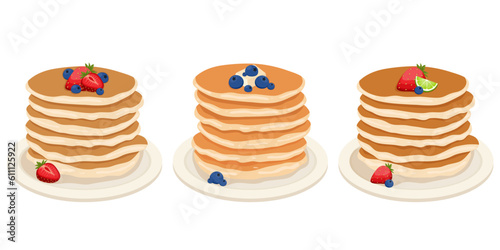 Vector set of pancakes with blueberries,strawberry and lime on the plate. Stacks of tasty pancakes with berries. Breakfast vector illustration