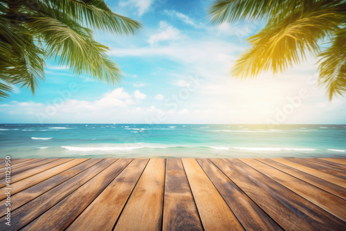 Relax and unwind with a stunning ocean view and tropical palm trees. Wooden table and chairs on deck. AI Generative.