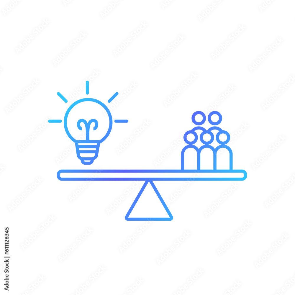 Business people and light bulb on scales. Teamwork concept. Vector line icon Business people and light bulb on scales. Teamwork concept. Vector line icon