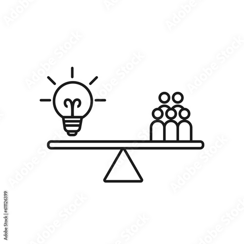 teamwork concept, light bulb and group of people on seesaw over white background, line style, vector illustration