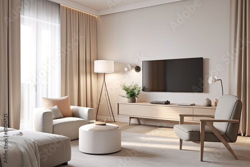 modern living room with a sleek flat screen television as the centerpiece. Generative AI