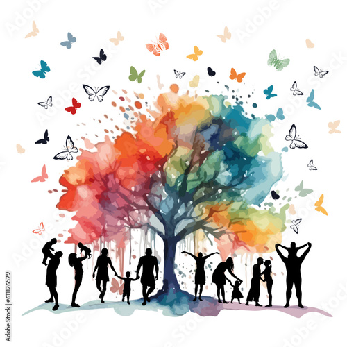 Happy family silhouettes , rainbow tree. Mixed media. Vector illustration
