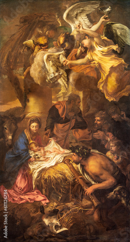 GENOVA, ITALY - MARCH 7, 2023: The painting of Adoration of Shepherds in the church Chiesa di San Luca by Giovanni Battista Castiglione - Il Grechetto (1645).