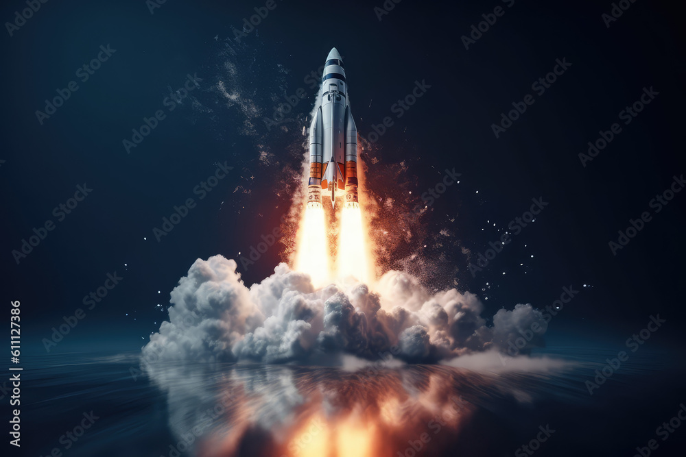 The rocket takes off upwards leaving clouds of smoke underneath, isolated on dark background with copy space. Concept of science, space traveling, space exploration. Generative AI photo imitation
