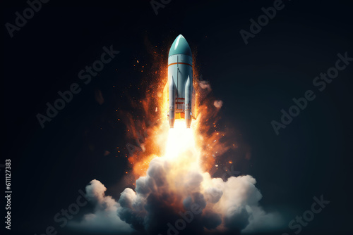 The rocket takes off upwards leaving clouds of smoke underneath, isolated on dark background with copy space. Concept of science, space travel and exploration. Generative AI photo imitation