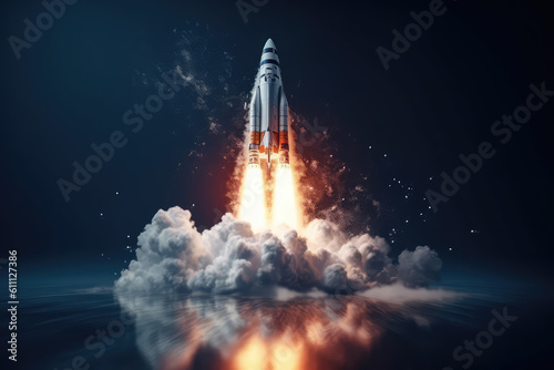 The rocket takes off upwards leaving clouds of smoke underneath, isolated on dark background with copy space. Concept of science, space traveling, space exploration. Generative AI photo imitation